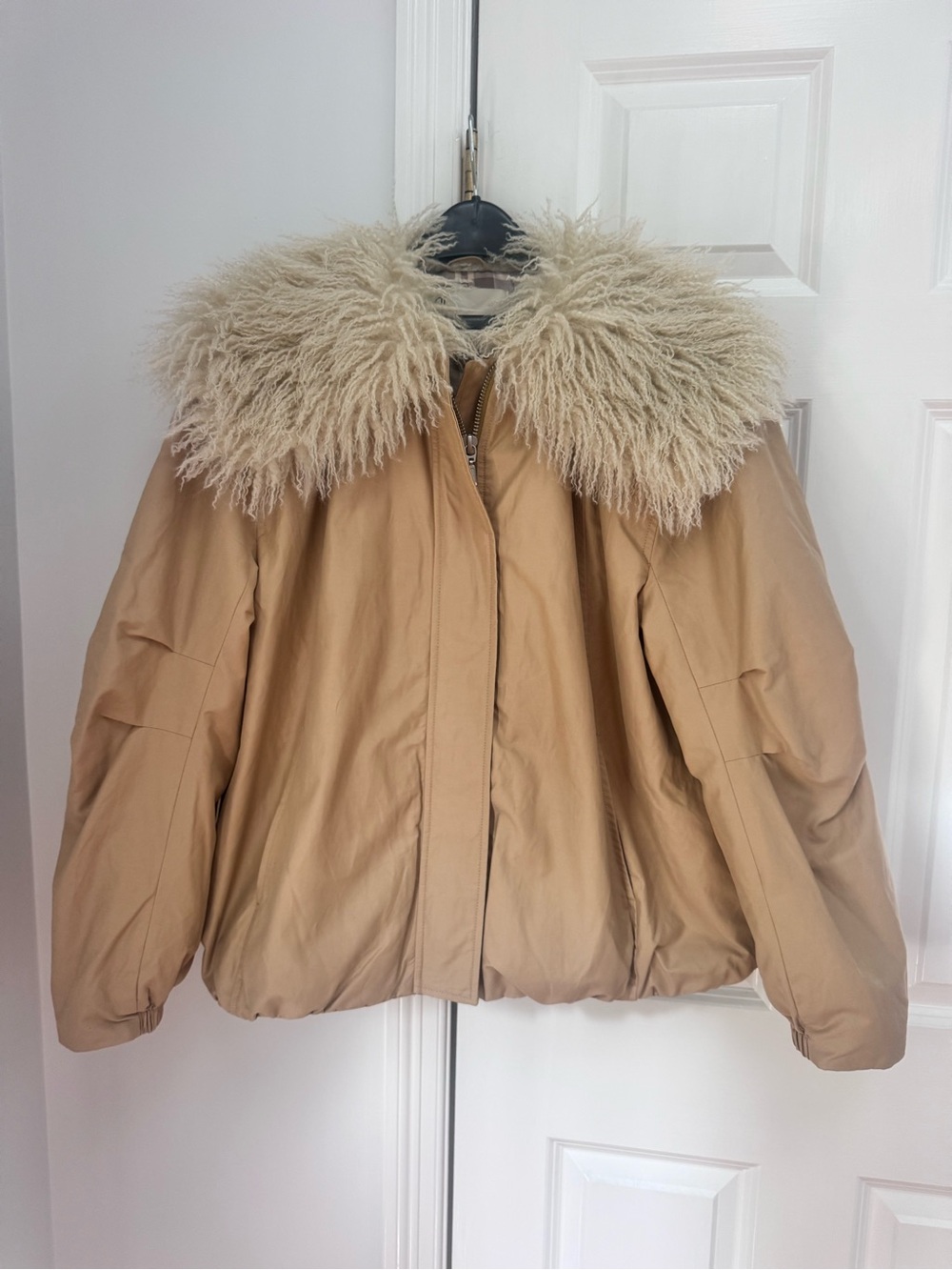 Pilcro Tan Bomber Coat Jacket with Plush Faux Fur Collar EUC